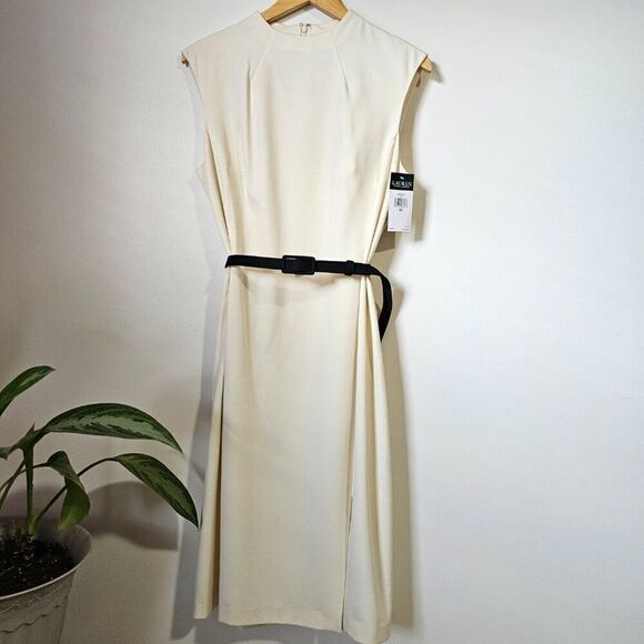 NWT LAUREN RALPH LAUREN CREAM MOCK NECK MIDI BELTED MINIMALIST DRESS SIZE 10 / M - Picture 1 of 16